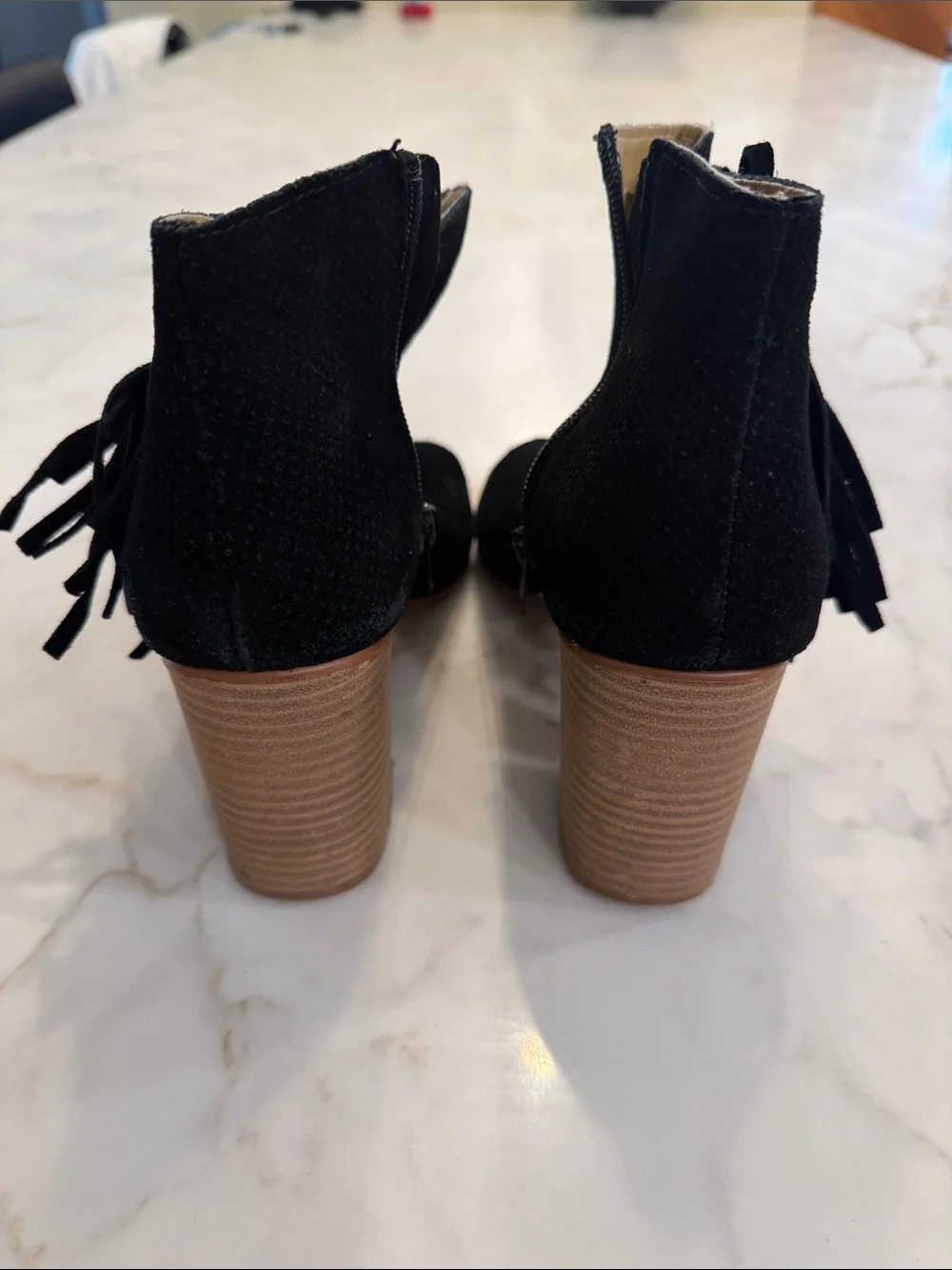 Kensie Black Suede Peep-Toe Fringe Ankle Booties